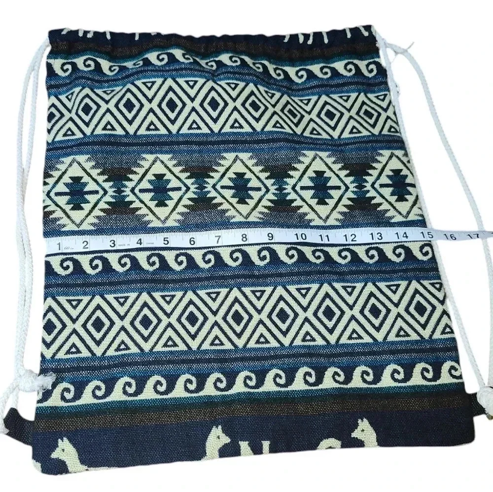 Boho Tribal Drawstring Backpack Gym Bag Travel Beach Sack Blue